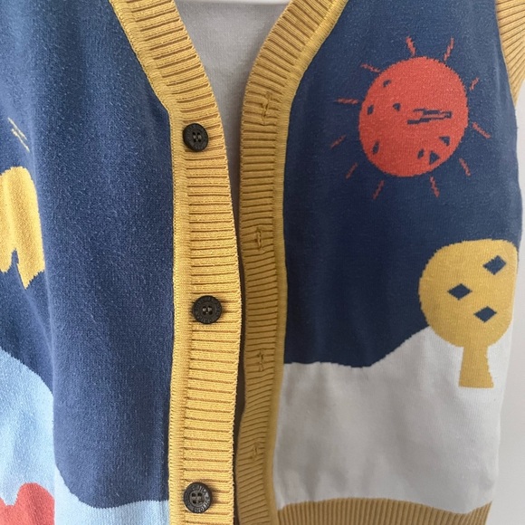 Knit Sweater Vest Little Kid 140 cm 8 yrs Lightweight Landscape Fish Blue Yellow - Picture 4 of 8